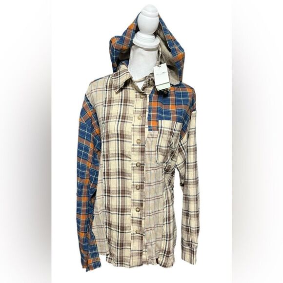 Miss Me Flanne Mixed Plaid Hooded Shirt shacket - Picture 2 of 5